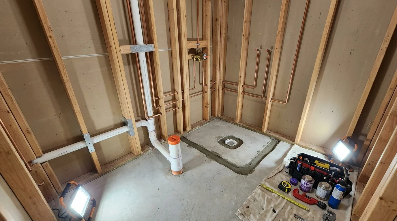 Bathroom rough-in plumbing during remodel by Johns Plumbing LLC in Chapman