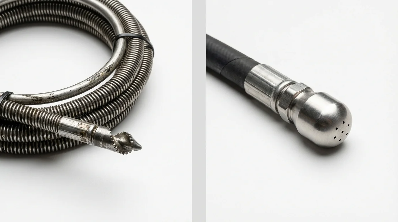 Drain snake cable and hydro jetting nozzle used for drain cleaning in Chapman, KS