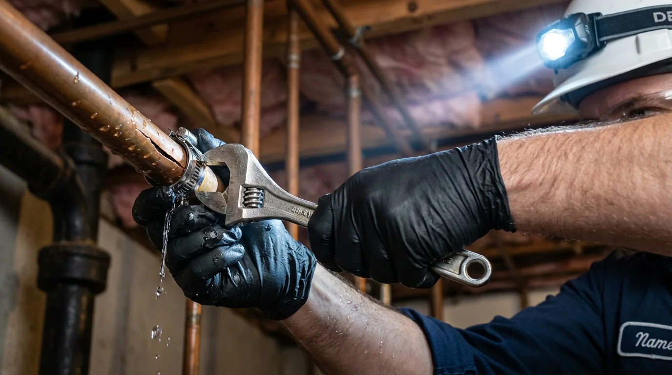 Emergency pipe clamp repair being performed by a Johns Plumbing LLC plumber in Chapman