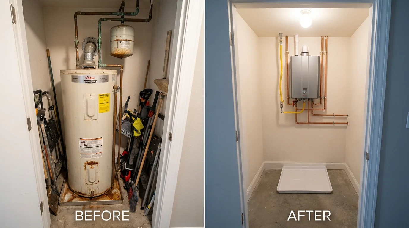 Tank water heater versus wall-mounted tankless unit comparison for Chapman, KS homeowners