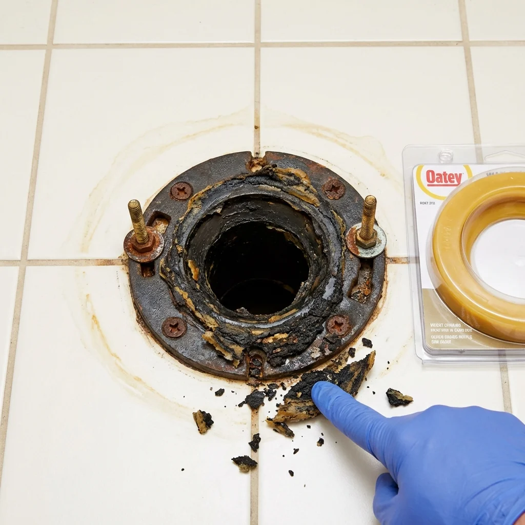 Failed wax ring showing water seepage at the base of a toilet in a Chapman, KS home