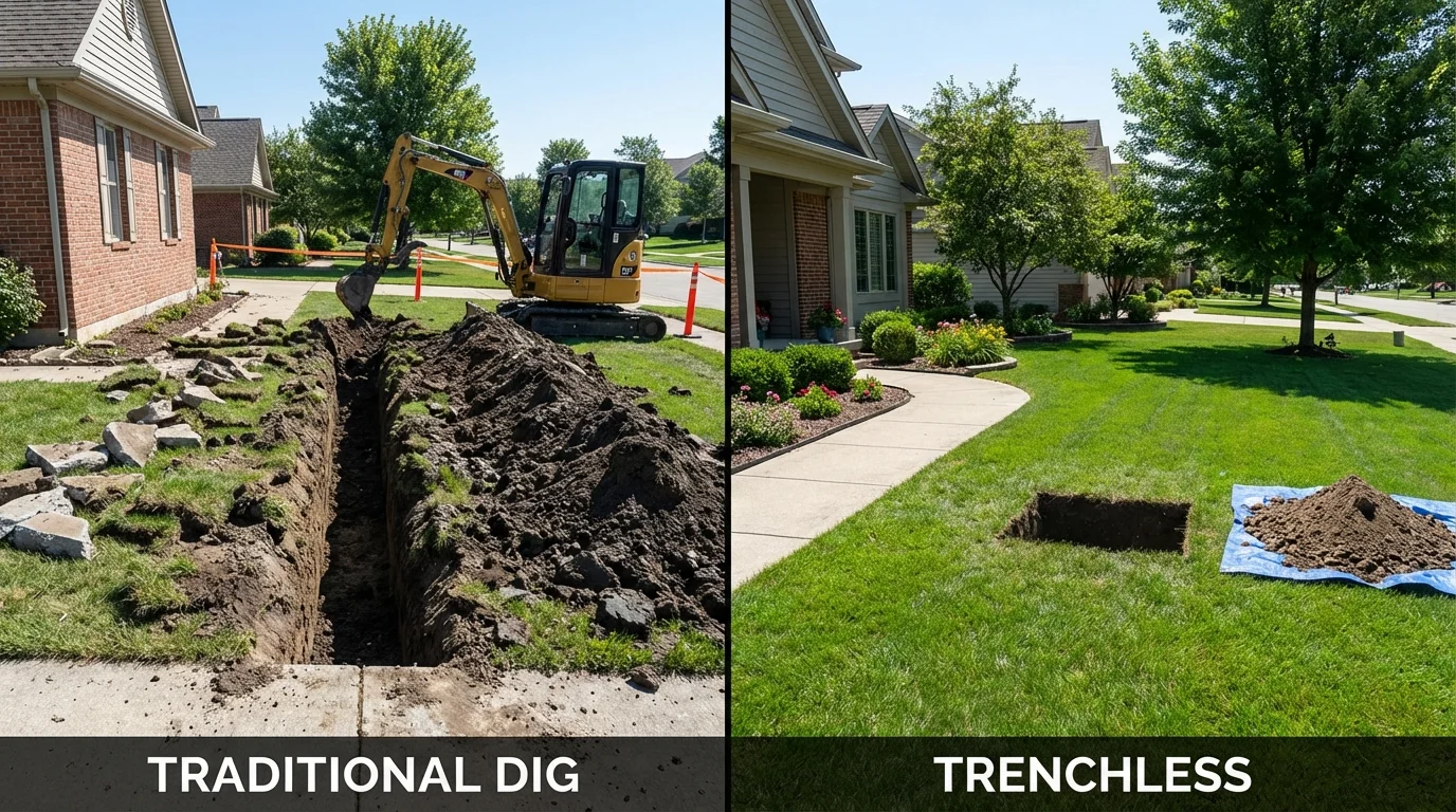 Trenchless sewer repair with minimal yard damage versus traditional excavation in Chapman, KS