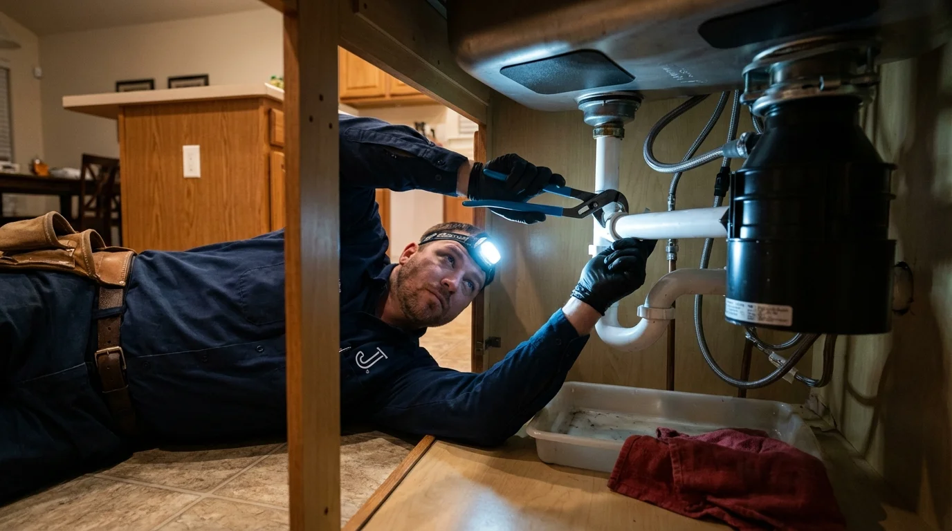 P-trap and supply line connections under a kitchen sink showing a common leak point in Chapman, KS
